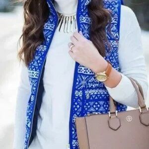 J. Crew Blue Fair Isle Quilted Printed Down Puffer Vest
